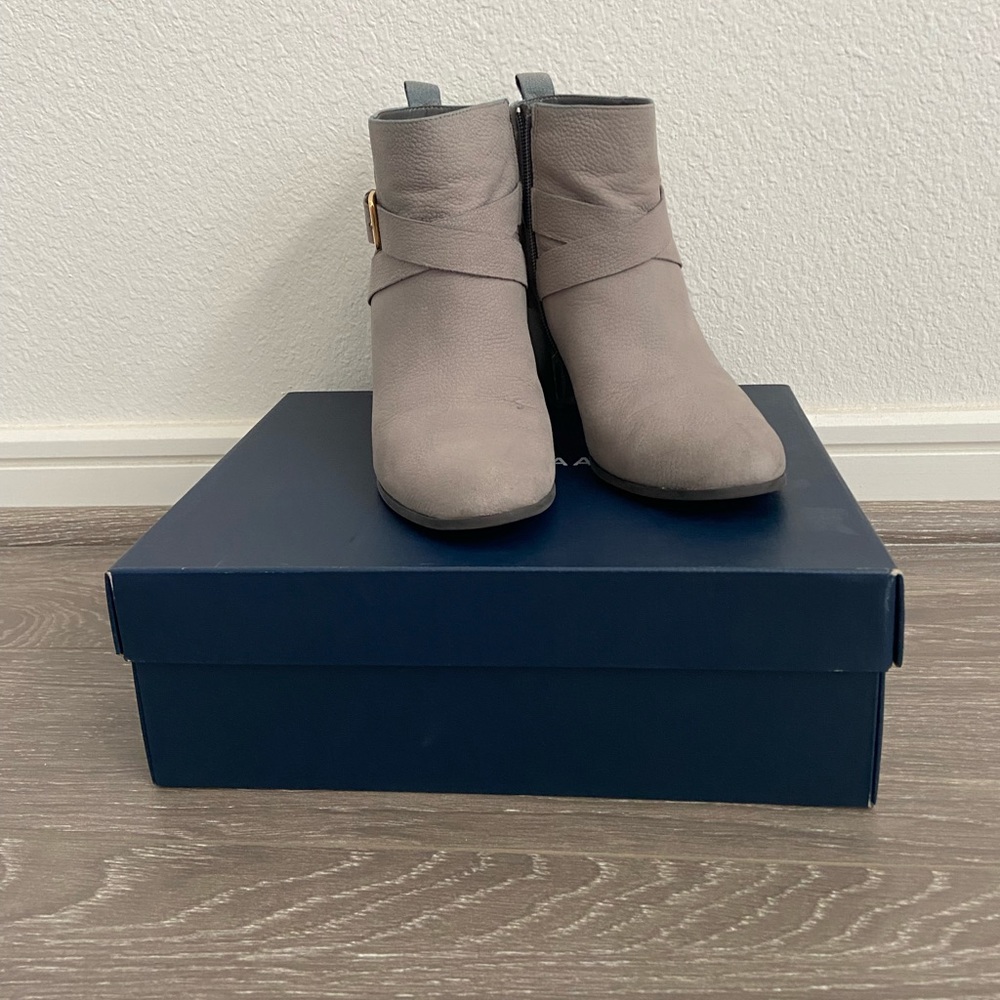COLE HAAN. grey suede booties